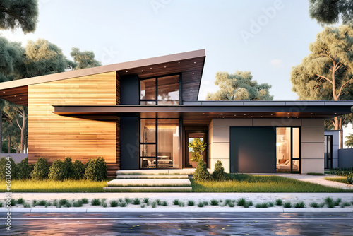 Modern minimalist ranch style private house with mono pitch roof. Walls decorated with timber wood cladding. Residential architecture exterior.