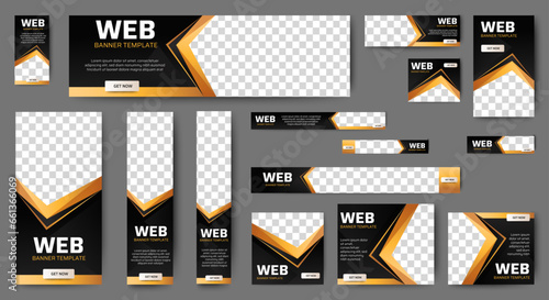 set of creative web banners of standard size with a place for photos. black and gold. Business ad banner. Vertical, horizontal and square template.