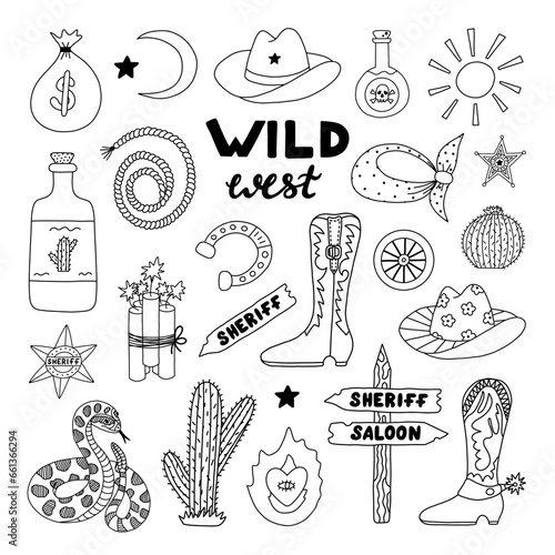Big Wild West and cowboy set in doodle style with hand drawn outline. Vector illustration with western boots, hat, snake, cactus, bull skull, sheriff badge star. Cowboy theme with symbols of Texas