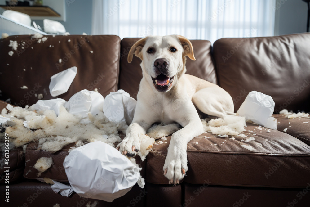 Obraz premium Bored puppy dog destroyed sofa cushion while was home alone. Generative Ai