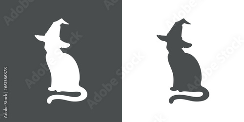 Logo con silueta de gato negro sentado con sombrero de bruja para su uso en invitaciones y tarjetas de Halloween