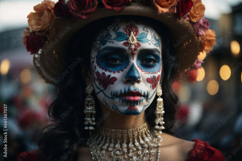Portrait of young woman with la Catrina makeup