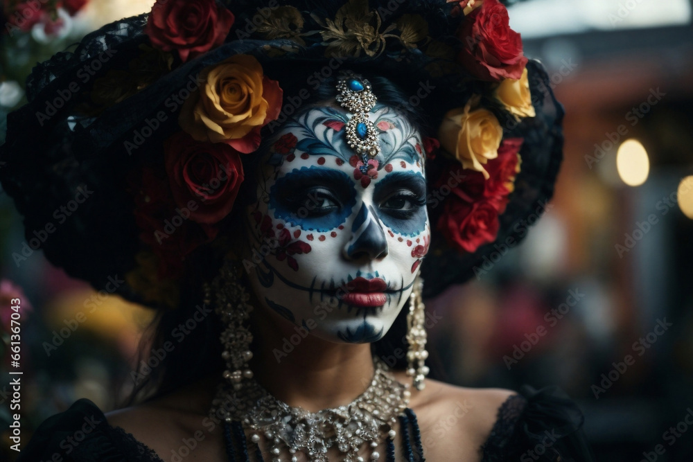 Portrait of young woman with la Catrina makeup