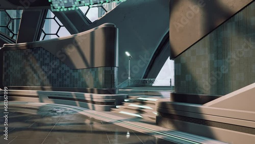 futuristic modern office building interior in urban city