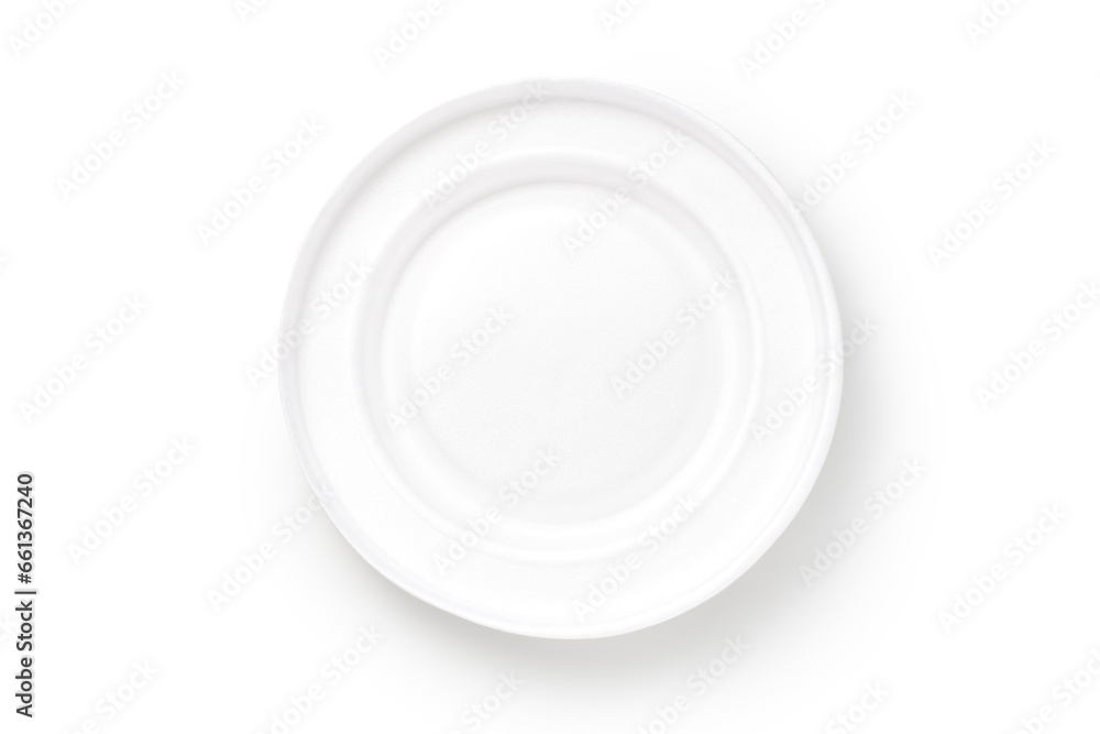 Styrofoam food plate isolated on white background. Disposable food plate. Styrofoam food plate isolated on white background. Disposable food plate.