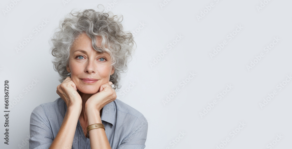 Portrait of a beautiful mature woman with curly grey hair and blue eyes. Anti aging cosmetics, wrinkles. Portrait of a beautiful mature woman with curly grey hair and blue eyes. Anti aging cosmetics, wrinkles.