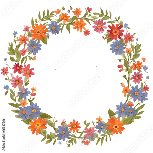 round frame with colorful flower arrangement, transparent background, generative ai