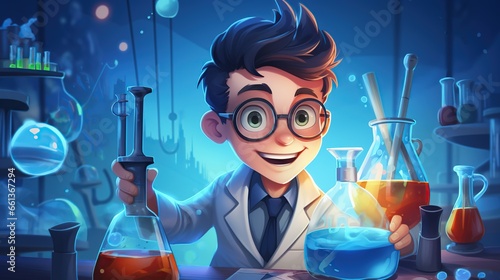 Cute cartoon scientist working on colorful liquids test tube analysis.AI generated image