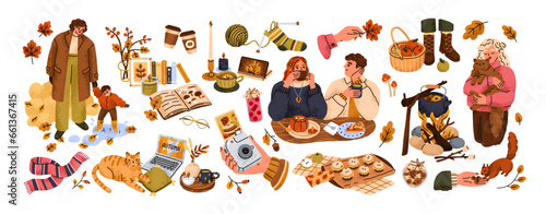 Cozy autumn set. Hygge fall mood. People warming with coffee, knitted socks, cute cat, home bakery, book and leaf. Pleasure moments, happy vibe. Flat vector illustrations isolated on white background