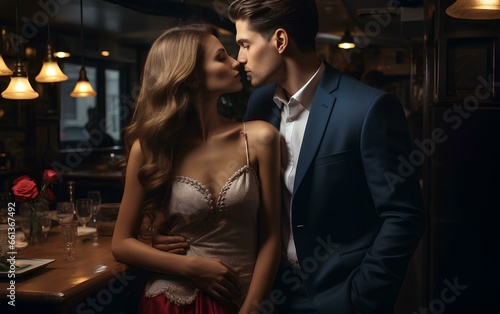 A young couple in evening suits kissing in a restaurant, in a romantic atmosphere.