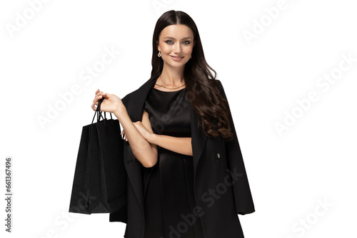 PNG girl with shopping bags isolated on white background.
