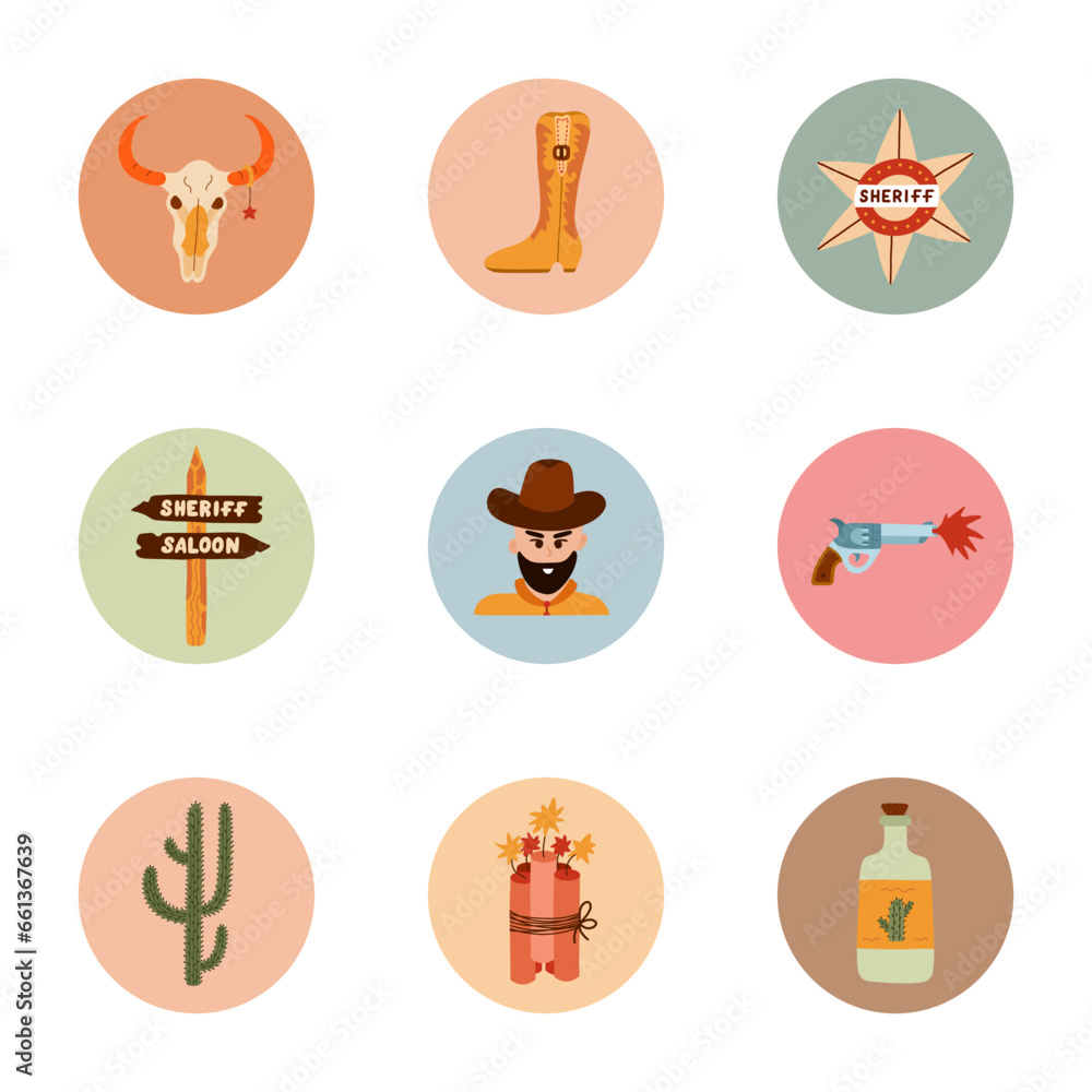 Fototapeta premium Trendy and cozy round highlights for different social media, blogs, business, branding with Wild West illustrations. Cover icons for stories with cowboy western vector clipart in warm colors.