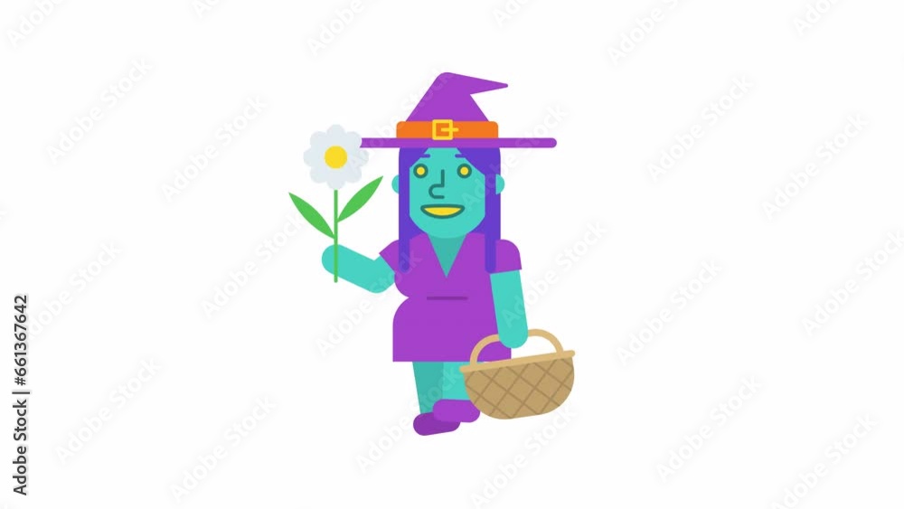 Witch walking holding flower holding basket and smiles. Alpha channel Witch walking holding flower holding basket and smiles. Alpha channel