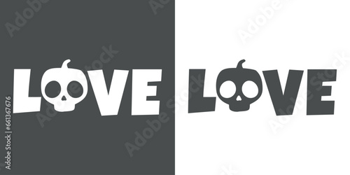 Logo con palabra love con calabaza de Halloween con forma de calavera humana en lugar de letra O para su uso en invitaciones y tarjetas