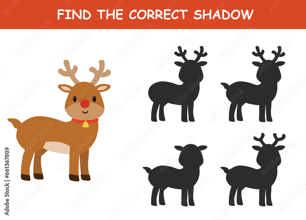 Find the correct shadow of the cute reindeer illustration. Educational logic game for children. Printable worksheet.	