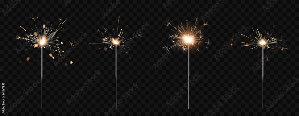 Sparkler candle vector set. Collection of realistic bengal fire for celebrations and holidays isolated on transparent background. Christmas magic lights. - obrazy, fototapety, plakaty 