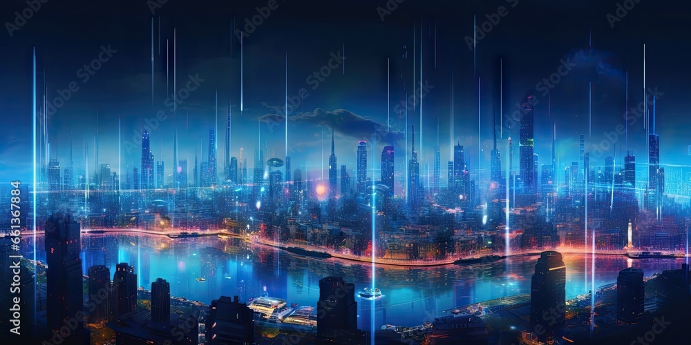 Obraz premium Futuristic cityscape. Digital vision of future. Sci fi skyline. Modern architecture in world. Urban fantasy. Futuristic city on planet