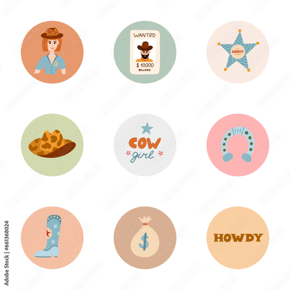 Trendy and cozy round highlights for different social media, blogs, business, branding with Wild West illustrations. Cover icons for stories with cowboy western vector clipart in warm colors. Trendy and cozy round highlights for different social media, blogs, business, branding with Wild West illustrations. Cover icons for stories with cowboy western vector clipart in warm colors.