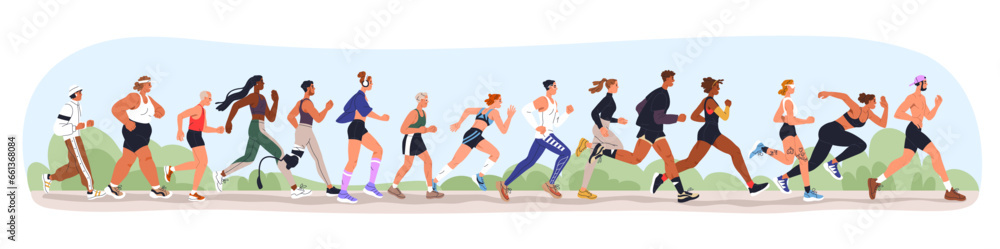 Jogging people group. Sport characters, many joggers team training in park together, running. Runners crowd exercising outdoors in nature. Flat vector illustration isolated on white background