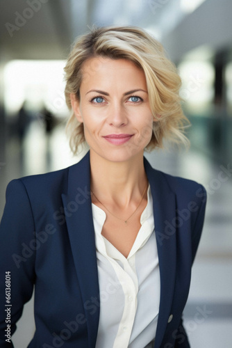 Portrait of blonde business woman in suit in office. © Synthetica
