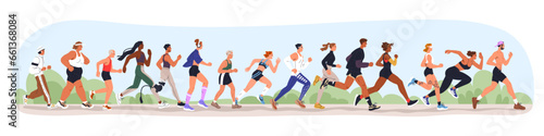 Jogging people group. Sport characters  many joggers team training in park together  running. Runners crowd exercising outdoors in nature. Flat vector illustration isolated on white background