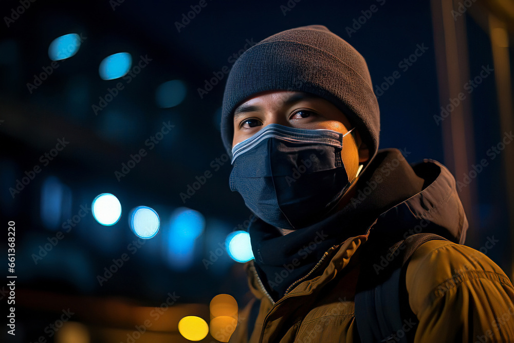 Asian Man Amid Urban Air Pollution Asian Man Amid Urban Air Pollution