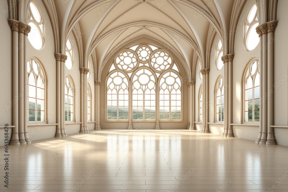 A European-style hall with inviting off-white walls and a warm wood floor, featuring numerous large windows that flood the space with radiant sunlight. Photorealistic illustration