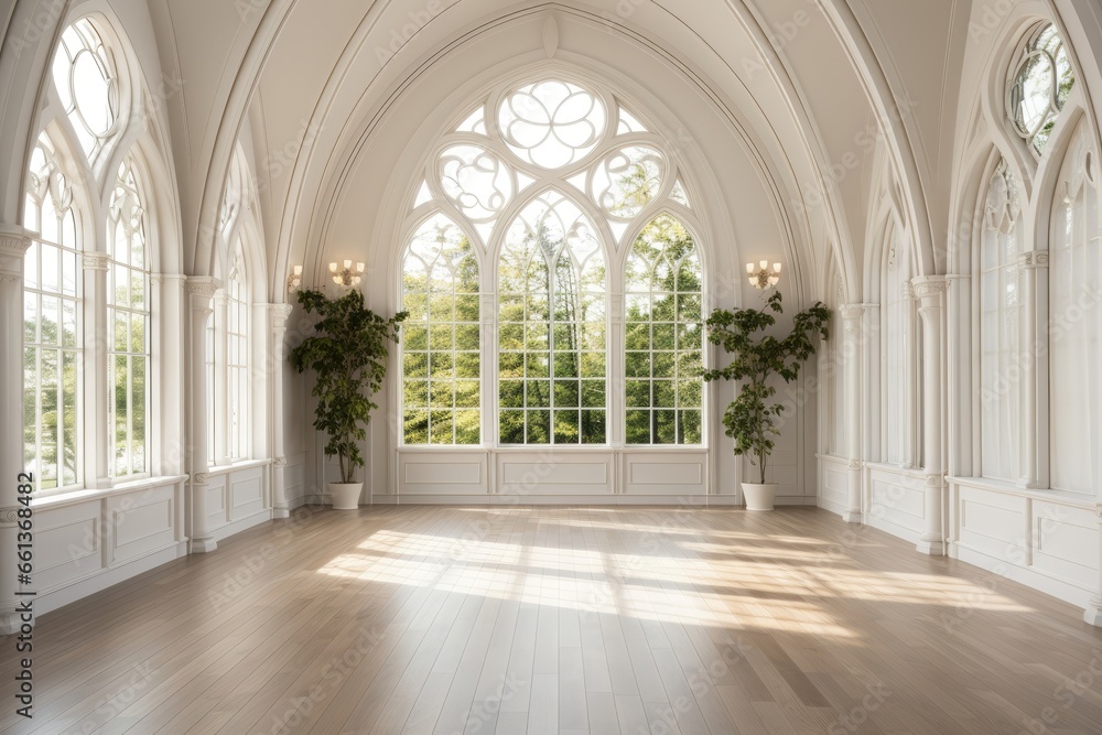 A European-style hall with gleaming white walls and decorations, a rich wood floor, and the warmth of sunlight streaming in, creating an inviting and timeless ambiance. Photorealistic illustration
