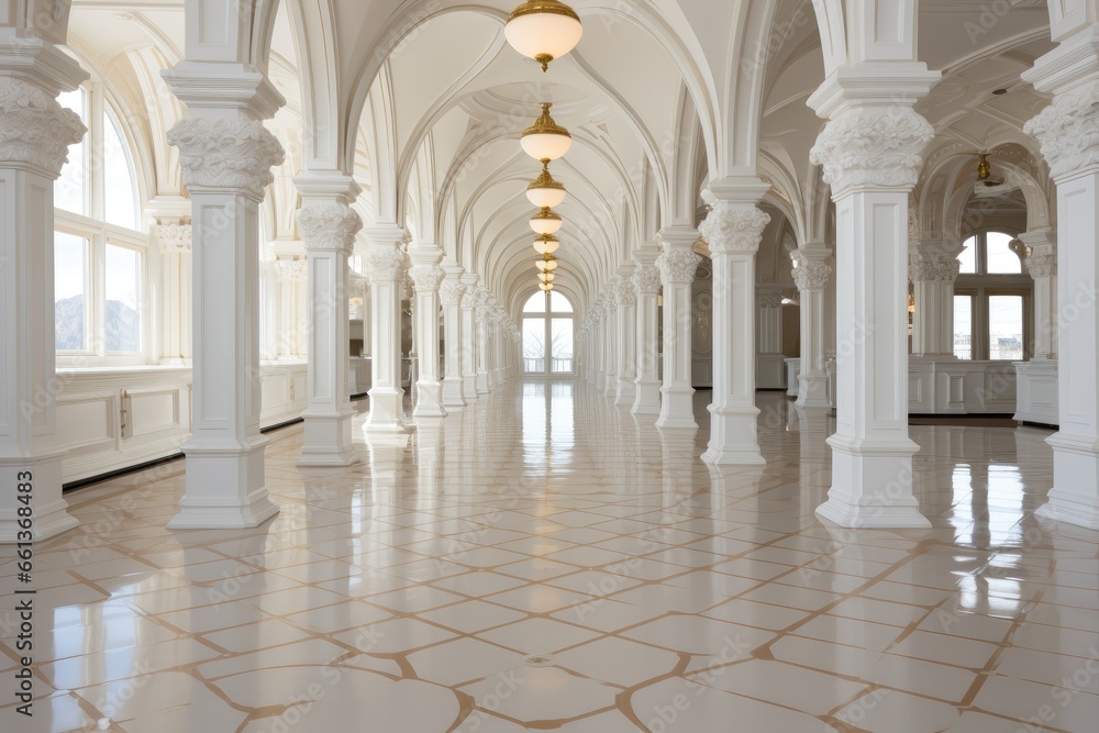 A European-style hallway featuring pristine white columns, walls, and decorations, evoking a sense of classical elegance and purity. Photorealistic illustration