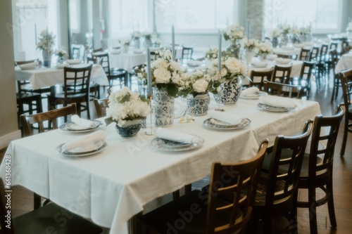 Traditional wedding reception with a beautiful blue china dinnerware setting