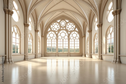 A European-style hall with inviting off-white walls and a warm wood floor  featuring numerous large windows that flood the space with radiant sunlight. Photorealistic illustration