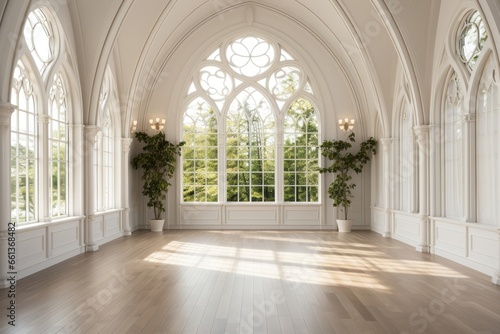 A European-style hall with gleaming white walls and decorations, a rich wood floor, and the warmth of sunlight streaming in, creating an inviting and timeless ambiance. Photorealistic illustration