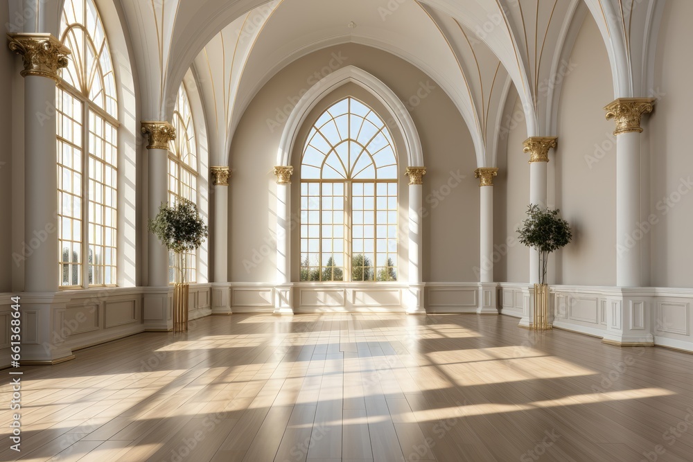 In the European-style small hall, the off-white interior is accentuated by white columns adorned with gold decorations, creating a sophisticated ambiance. Photorealistic illustration