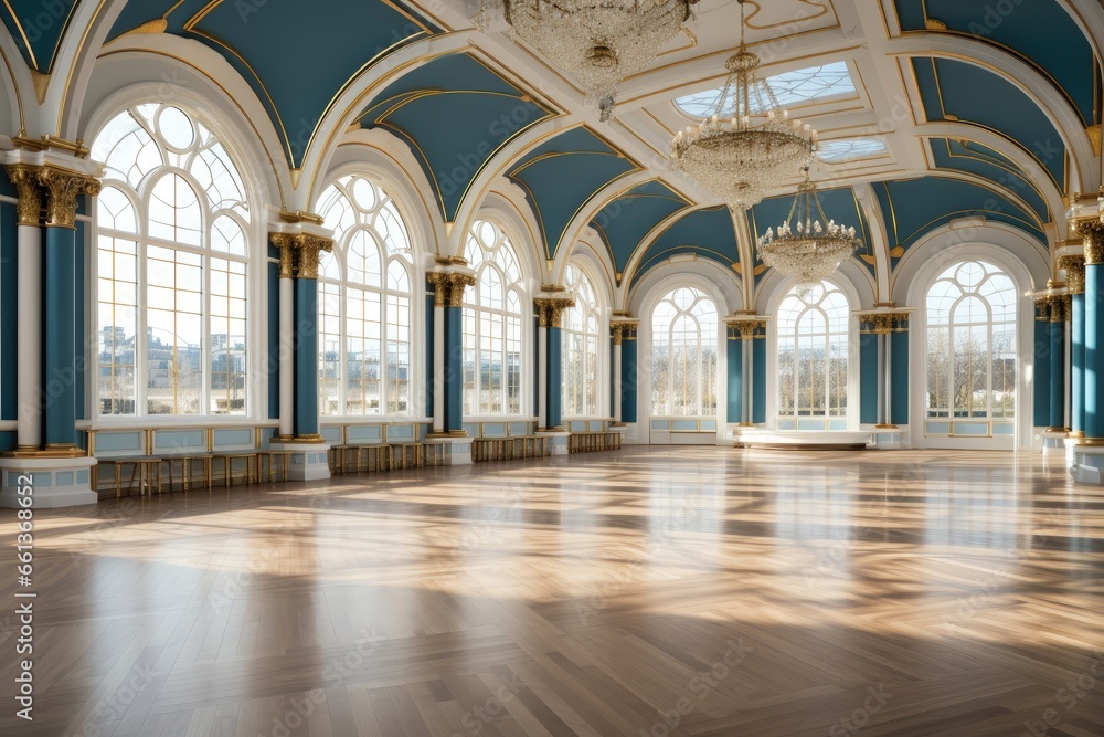 The European-style hall boasts a regal blue interior with elegant white accents and lavish gold decorations, exuding an air of luxury and sophistication. Photorealistic illustration