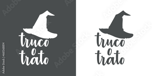 Logo con texto manuscrito truco o trato en español con silueta de sombrero de bruja para su uso en invitaciones y tarjetas de Halloween
