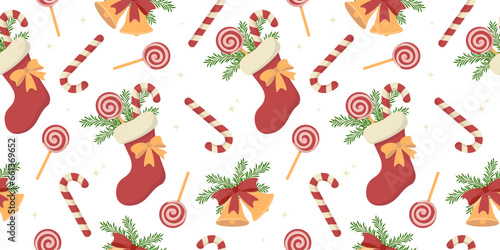 Seamless pattern with festive elements. Christmas stocking with gifts, bells, candy canes on white background.