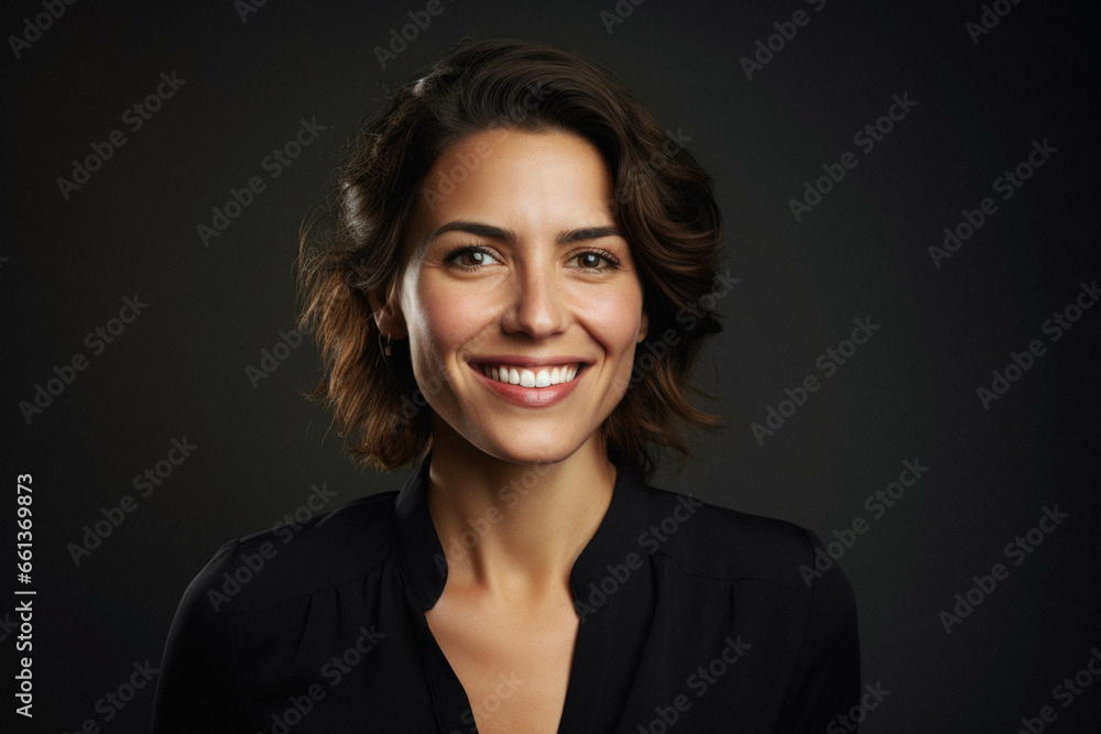 Portrait of beautiful young woman with dark hair against dark background. Portrait of beautiful young woman with dark hair against dark background.