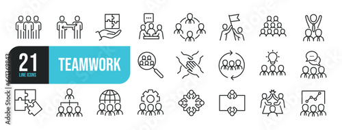 Set of line icons related to teamwork, management, collaboration, group, friendship. Outline icons collection. Editable stroke. Vector illustration. photo