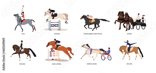 Equestrian sports set. Thoroughbred horse racing, harness riding, dressage, eventing, vaulting. Equine riders activities, show, performance. Flat vector illustrations isolated on white background photo