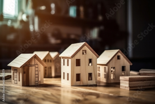 Real estate and financial planning with a wooden house and coins on a table, showcasing assets and stability. AI Generative.
