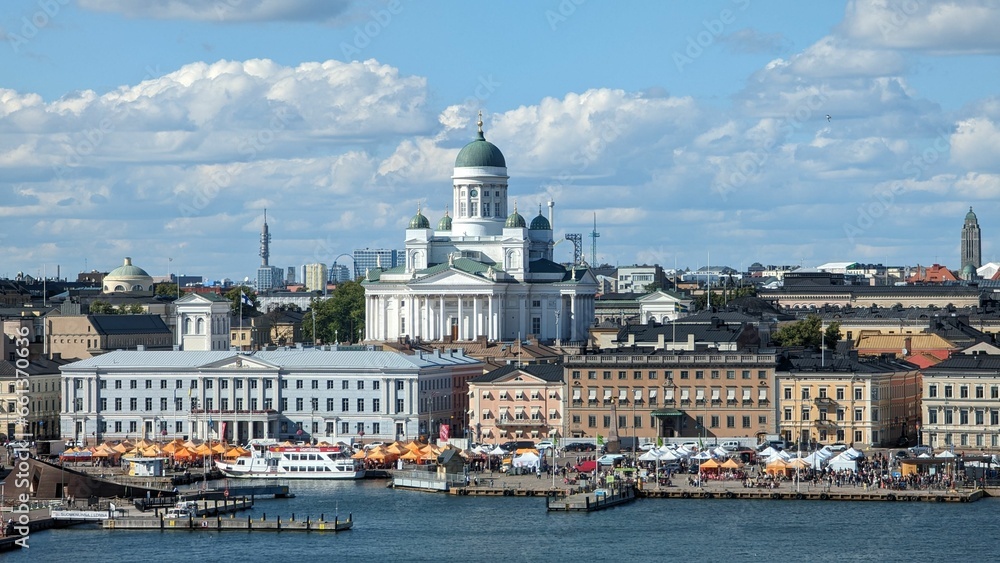 Aerial view of Helsinki, Finland with boats in the foreground against the cityscape