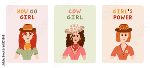 Set of cute greeting cards about girl power, feminism, cowgirl. Poster with hand drawn illustration in wild west and cowboy theme. Postcard template with motivational lettering about women.