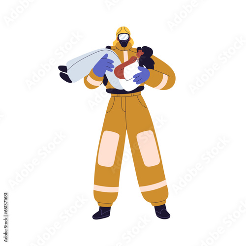 Firefighter hero rescuing girl victim from fire. Fireman carrying, holding pe...