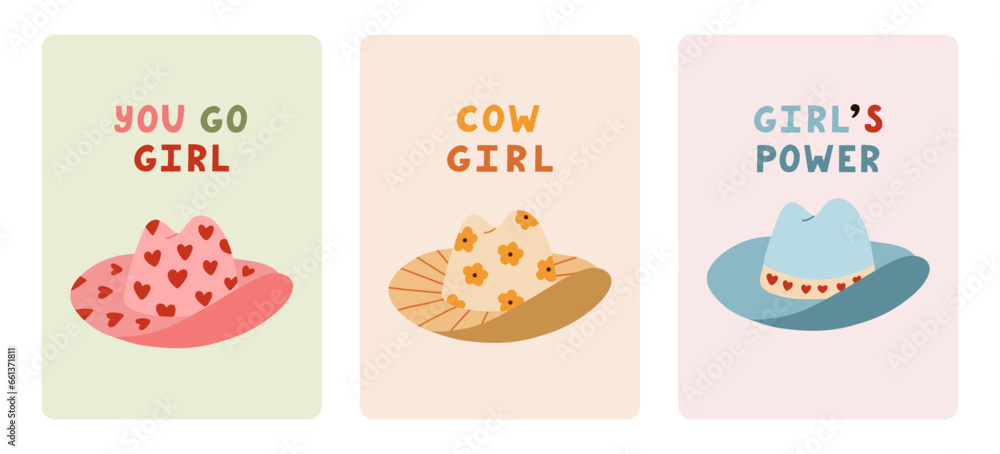 Set of cute greeting cards about girl power, feminism, cowgirl. Poster with hand drawn illustration in wild west and cowboy theme. Postcard template with motivational lettering about women. Set of cute greeting cards about girl power, feminism, cowgirl. Poster with hand drawn illustration in wild west and cowboy theme. Postcard template with motivational lettering about women.