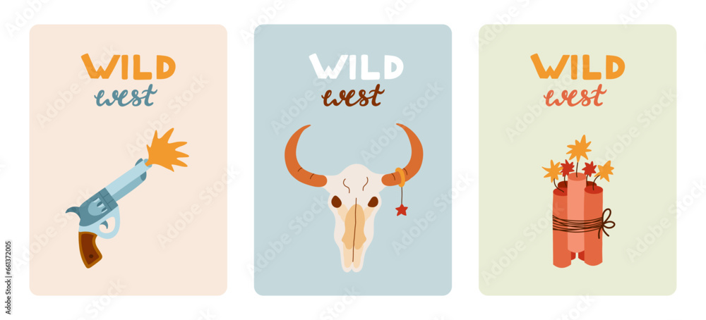 Set of cute greeting cards about Wild West, cowgirl and cowboys. Poster for the party with illustration in western theme and hand drawn lettering. Postcard template with symbols of Texas