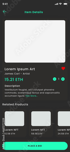 NFT Bidding Dark Marketplace, Nfts Auction and Crypto Art and Stocks Black Store App UI Kit Template