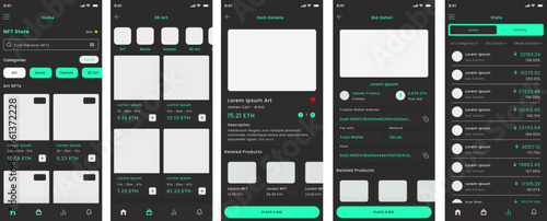 NFT Bidding Dark Marketplace, Nfts Auction and Crypto Art and Stocks Black Store App UI Kit Template