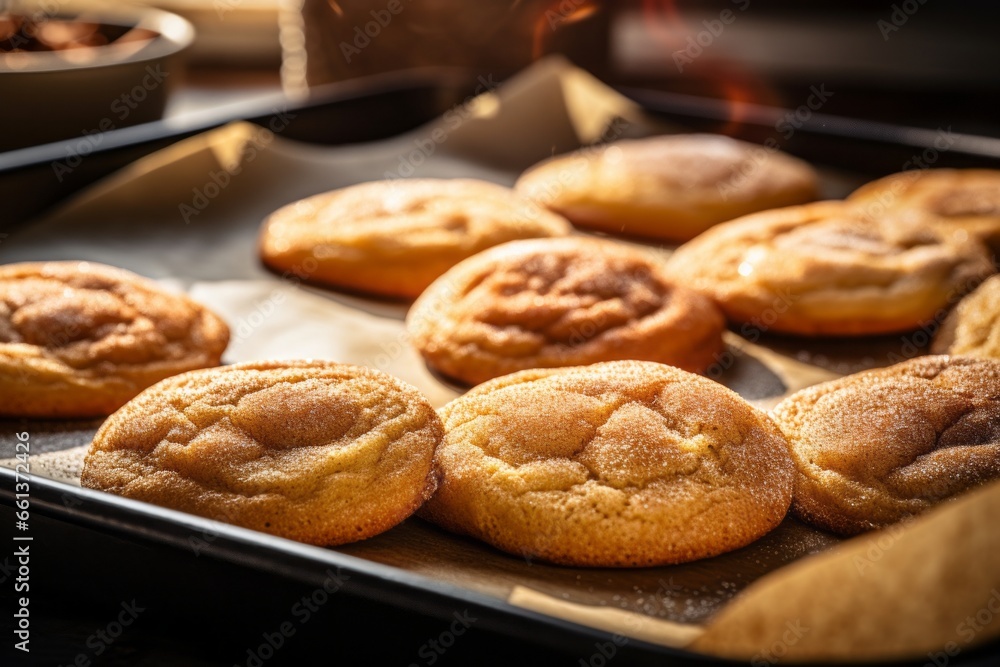 An image featuring a batch of warm, golden-brown snickerdoodle cookies, fresh from the oven, with a heavenly aroma wafting through the air.