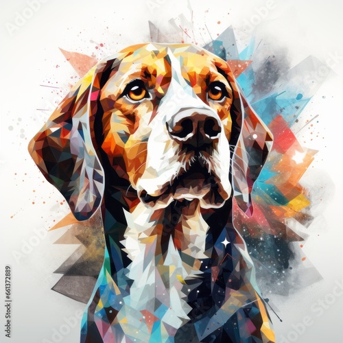 A digital mosaic that assembles a Beagle's image using tiny, intricate geometric shapes, forming a visually complex and mesmerizing portrait. photo