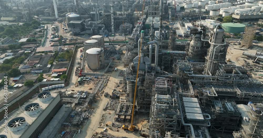 industrial plant construction project, crude oil and gas refinery new construction site on is land industry estate zone. aerial view from drone camera 4k video. industrial plant construction project, crude oil and gas refinery new construction site on is land industry estate zone. aerial view from drone camera 4k video.
